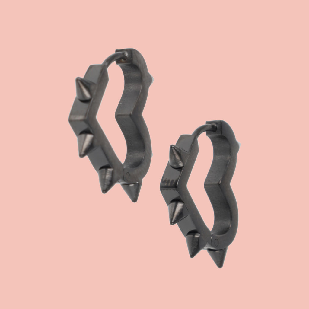 Heart Spike Huggie Hoop Earrings (Black) - Sour Cherry
