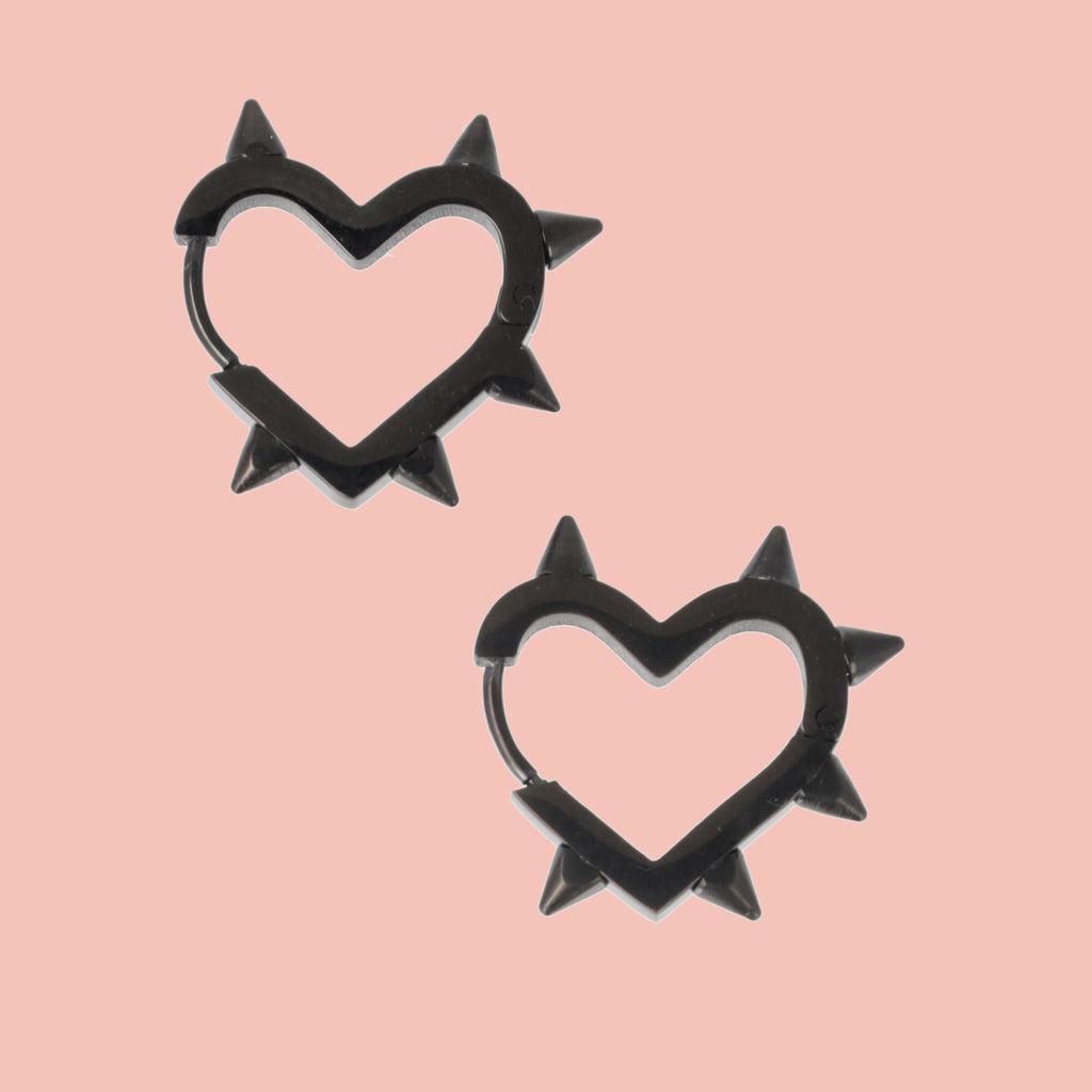 Heart Spike Huggie Hoop Earrings (Black) - Sour Cherry