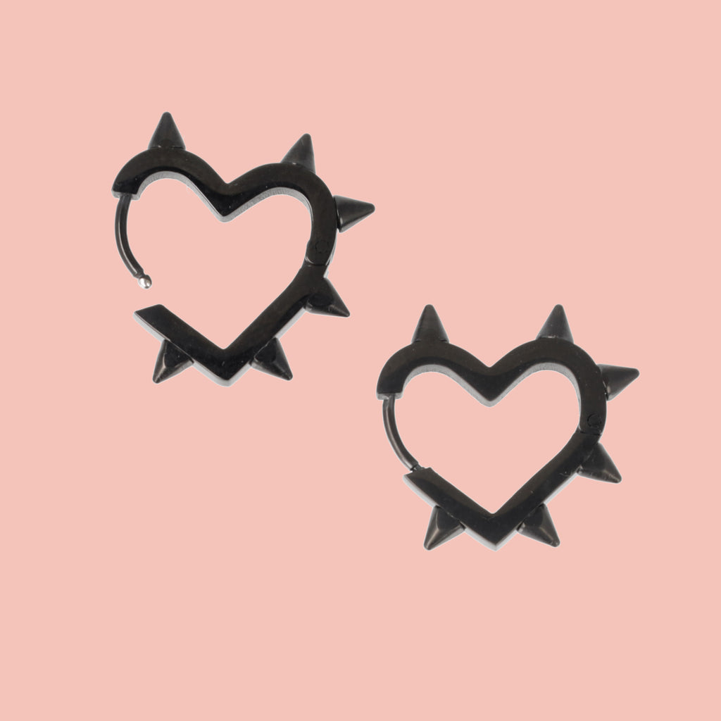 Heart Spike Huggie Hoop Earrings (Black) - Sour Cherry