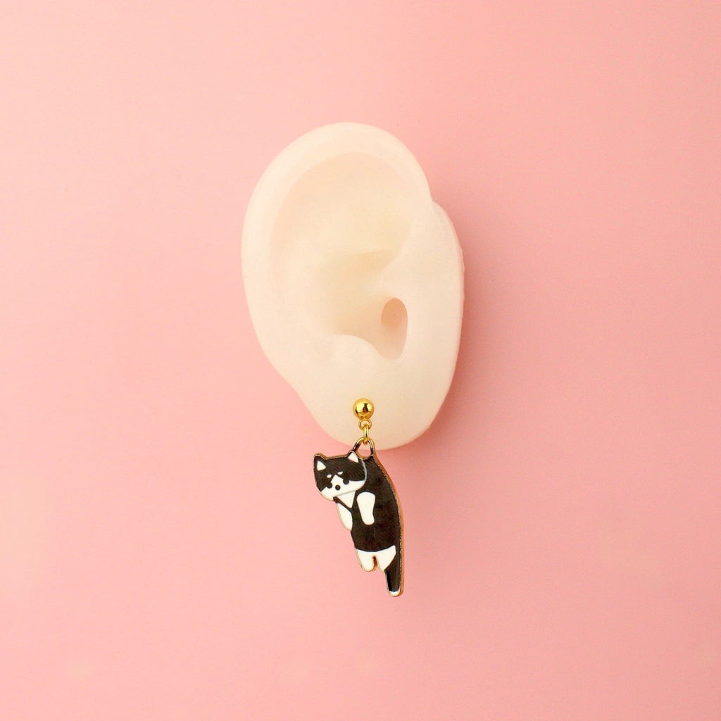 Ear wearing Black & White Cat Earrings (Gold Plated)