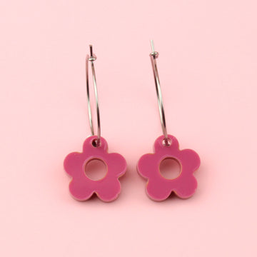 Rose pink flower acrylic charms with cut out middle on stainless steel hoops 