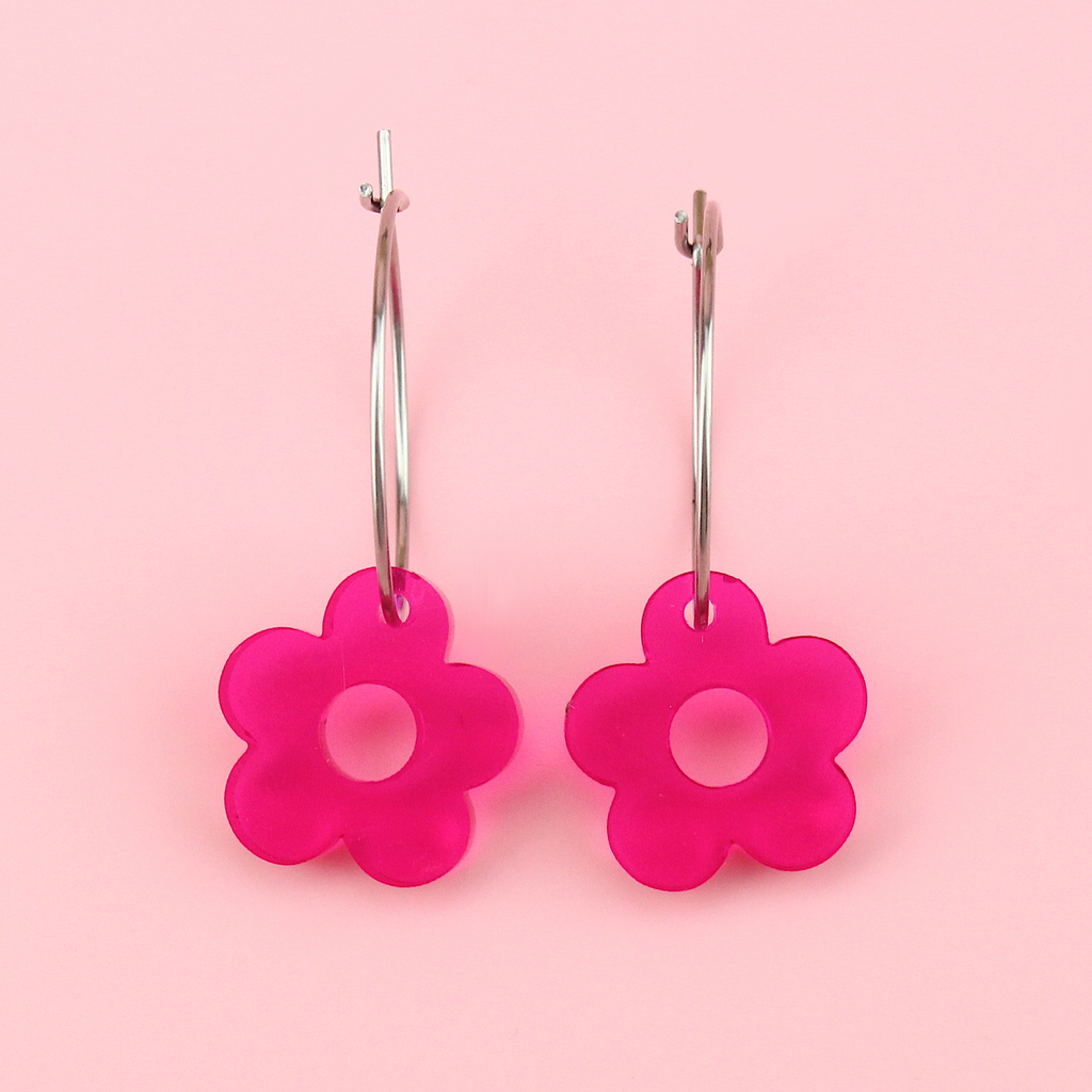 Hot pink transparent pink perspex acrylic flower charms on stainless steel hoops