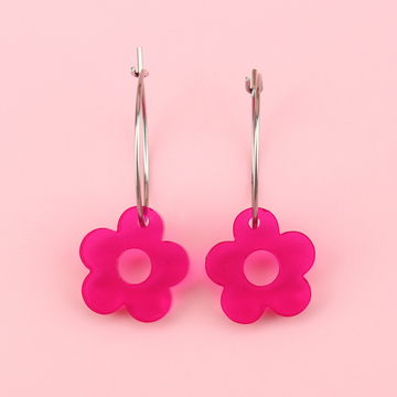 Hot pink transparent pink perspex acrylic flower charms on stainless steel hoops