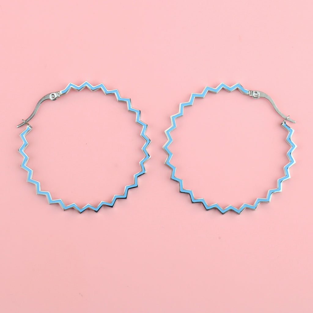 Blue zig zag shaped hoop earrings