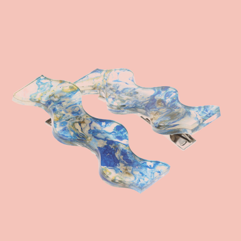 Blue Wavy Abalone Hair Clips - Sour Cherry
