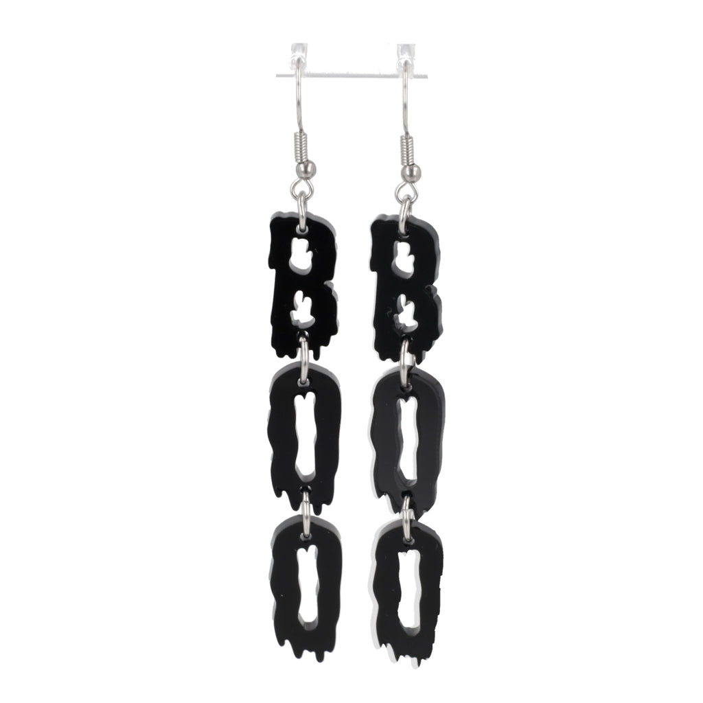 THE LETTERS B, O, O SPELLED OUT VERTICALLY WITH A BLACK DRIPPY EFFECT ON STAINLESS STEEL EARWIRES