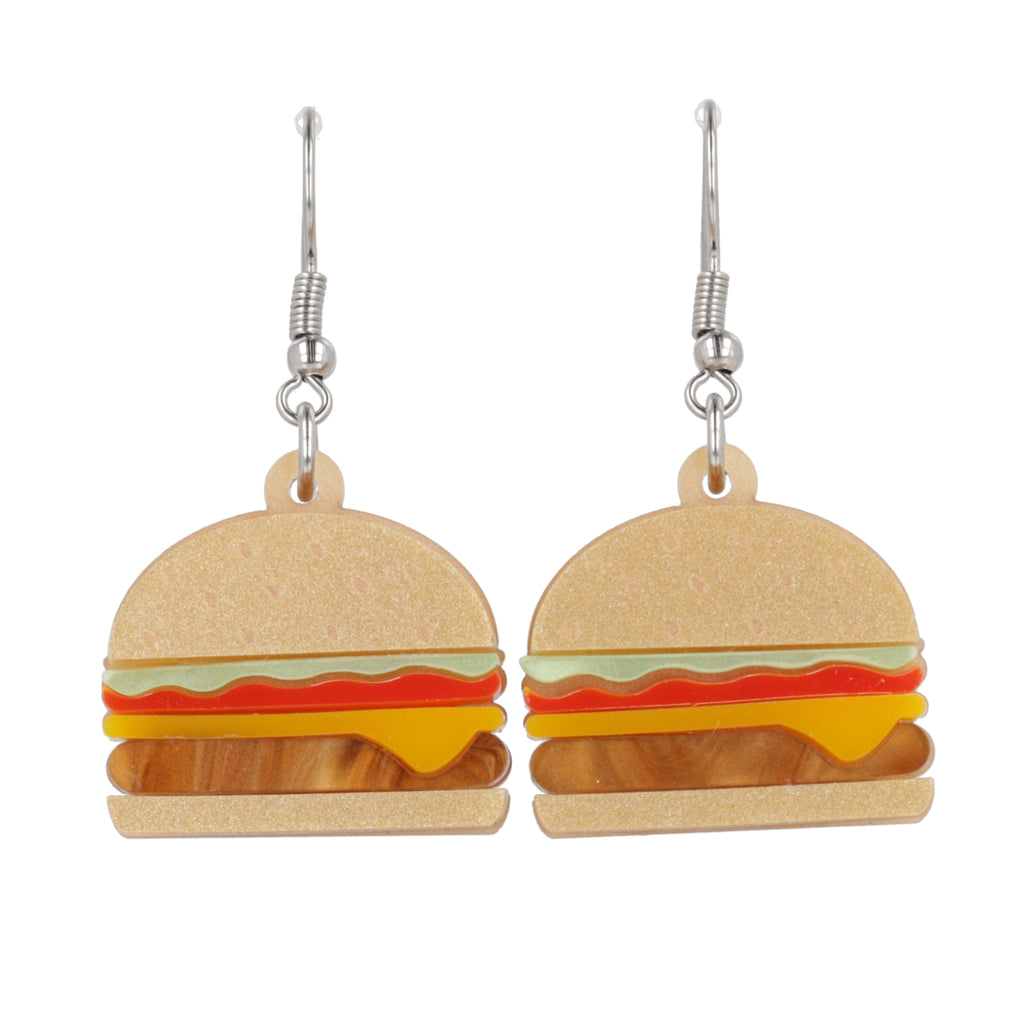 Cheeseburger acrylic charms featuring a beige bun and brown marble patty with lettuce and tomato with stainless steel earwires