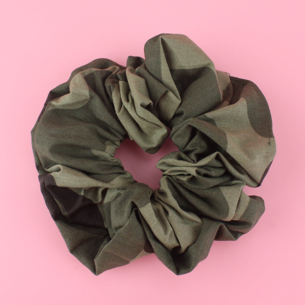 Khaki green camouflage print scrunchie