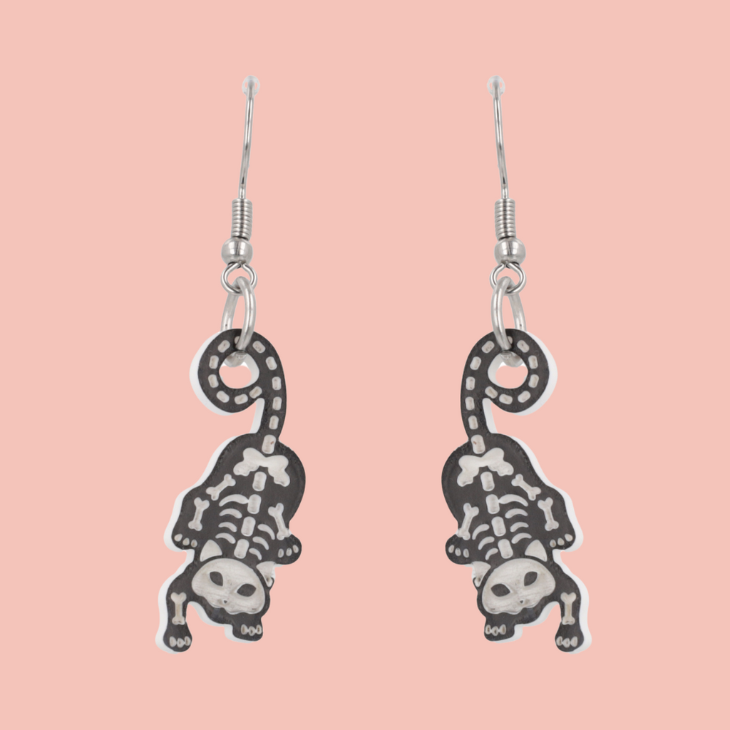 cat skeleton charms on stainless steel earwires 