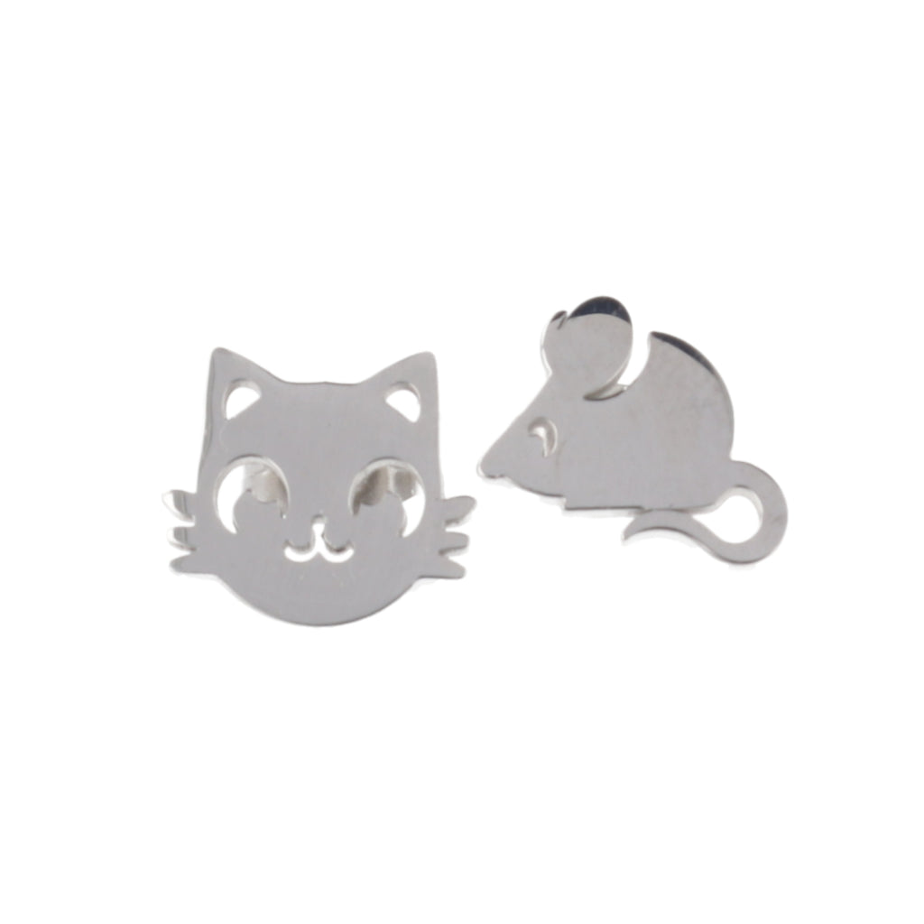 Stainless steel studs, one in the shape of a cat's face and one in the shape of a mouse