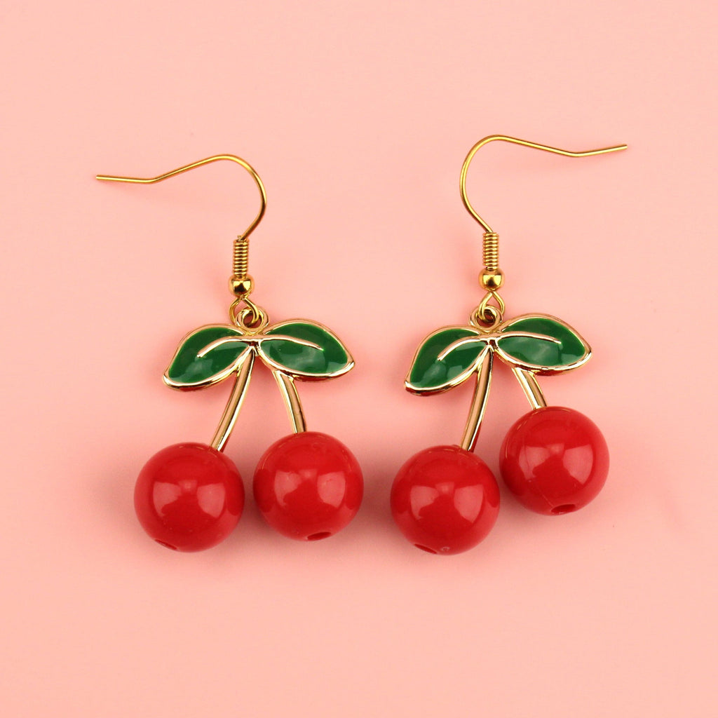 Red zinc alloy beads and gold plated stems and leaves on gold plated stainless steel earwires