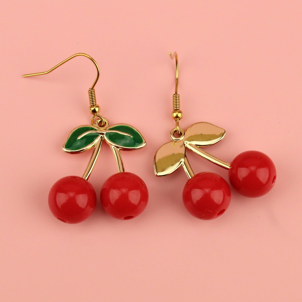 Red zinc alloy beads and gold plated stems and leaves on gold plated stainless steel earwires