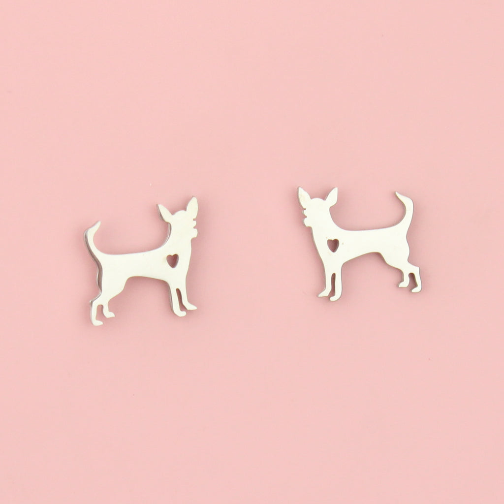 Stainless steel chihuahua shaped studs with a cut out heart