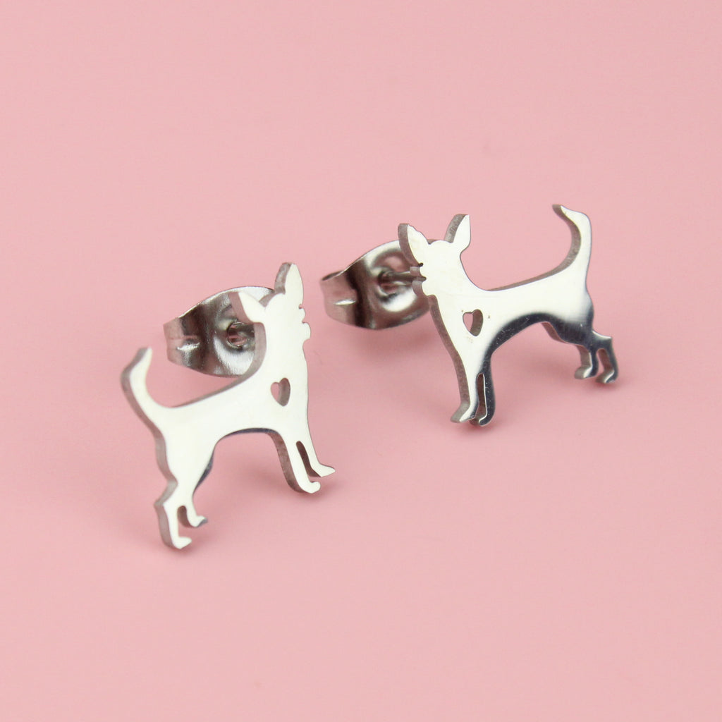 Stainless steel chihuahua shaped studs with a cut out heart