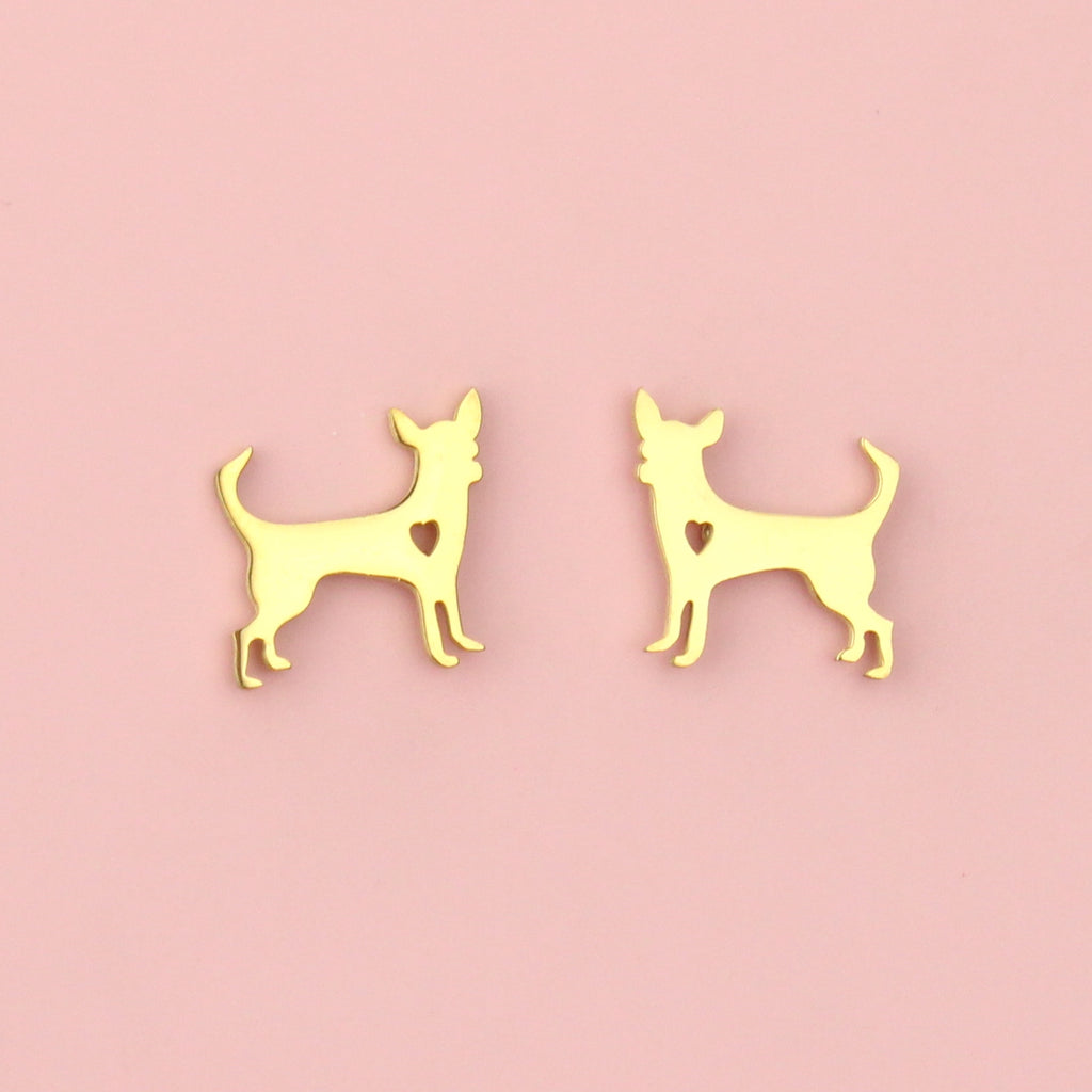 Gold plated stainless steel chihuahua shaped studs with a cut out heart