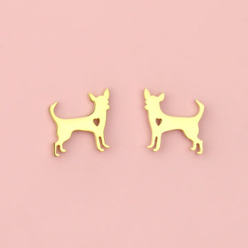 Gold plated stainless steel chihuahua shaped studs with a cut out heart