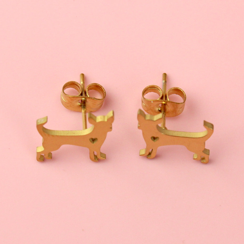 Gold plated stainless steel chihuahua shaped studs with a cut out heart