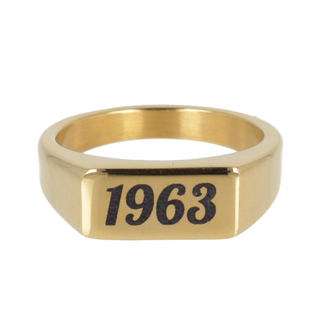 gold plated titanium with birth year engraved in black