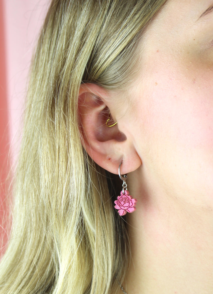 Dark Pink Peony Club Huggie Hoop Earrings - Sour Cherry