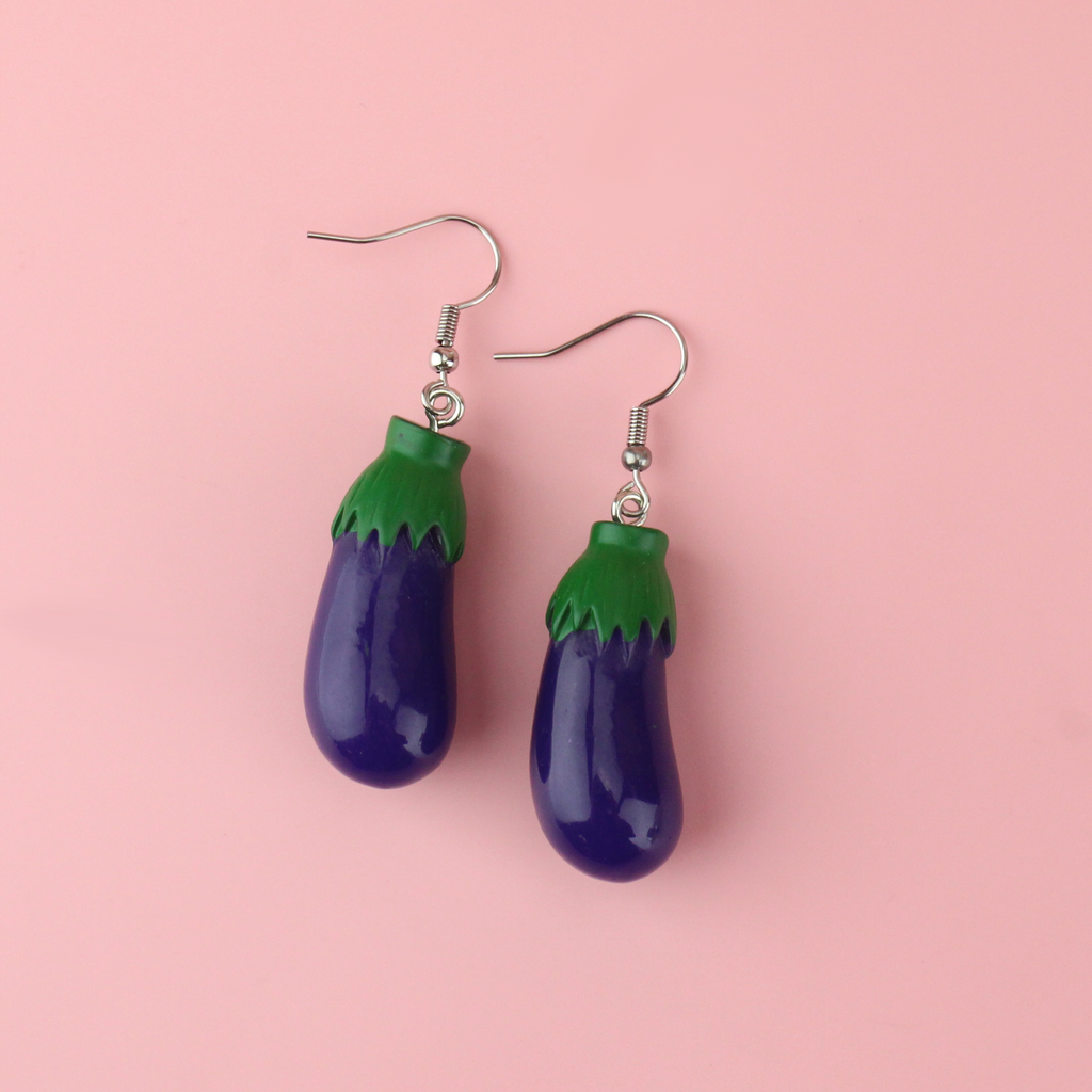 Eggplant charms dangling from stainless steel earwires