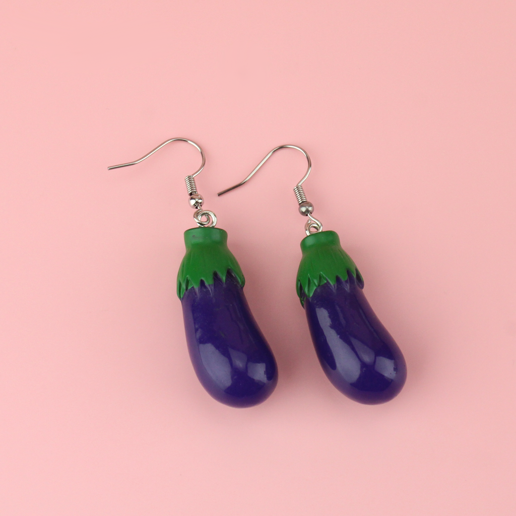 Eggplant charms dangling from stainless steel earwires