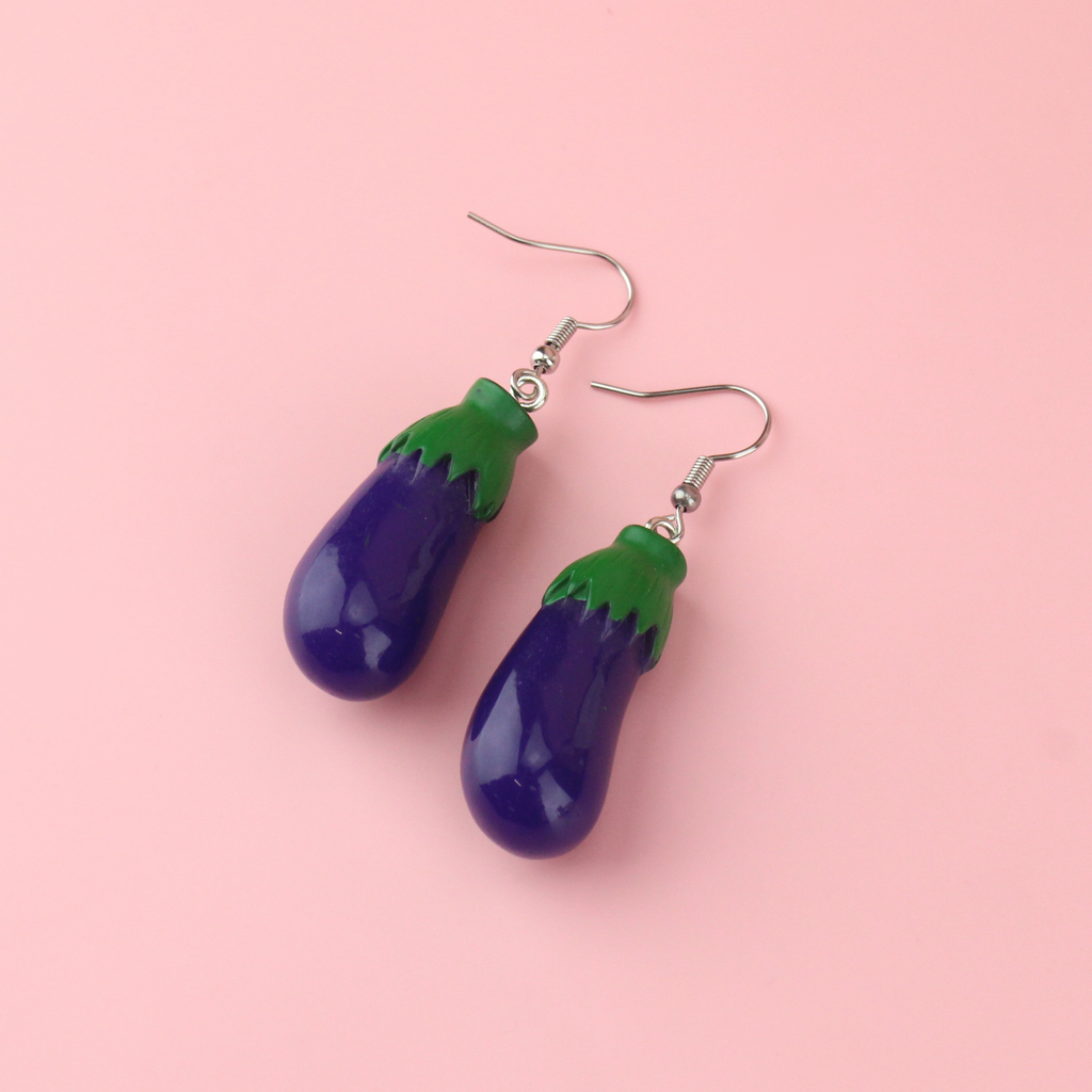 Eggplant charms dangling from stainless steel earwires