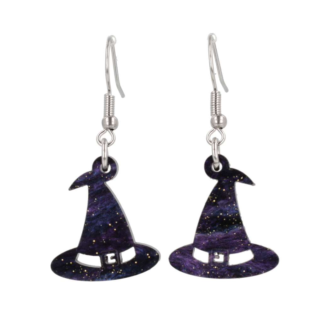 Galaxy inspired glittery witch's hat charms on stainless steel earwires