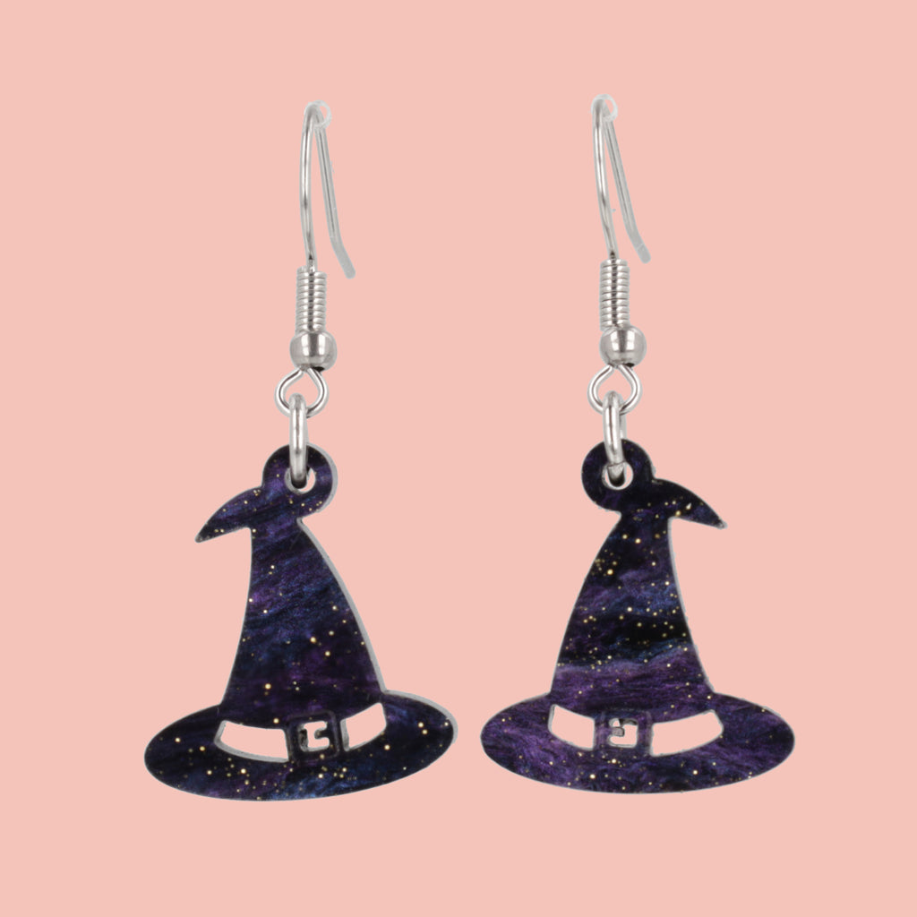 Galaxy inspired glittery witch's hat charms on stainless steel earwires