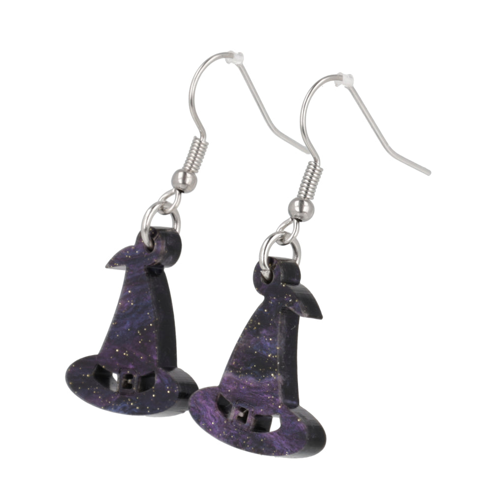 Galaxy inspired glittery witch's hat charms on stainless steel earwires