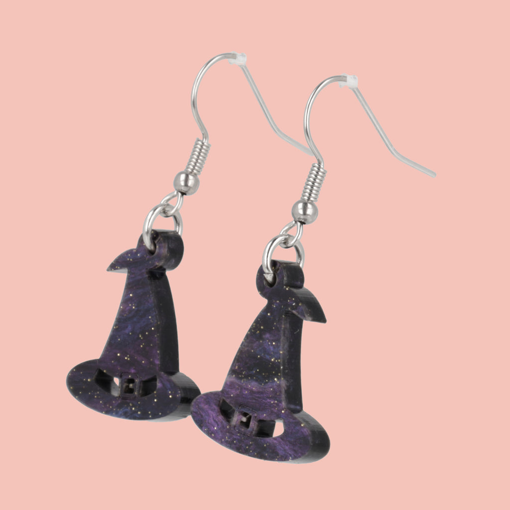 Galaxy inspired glittery witch's hat charms on stainless steel earwires