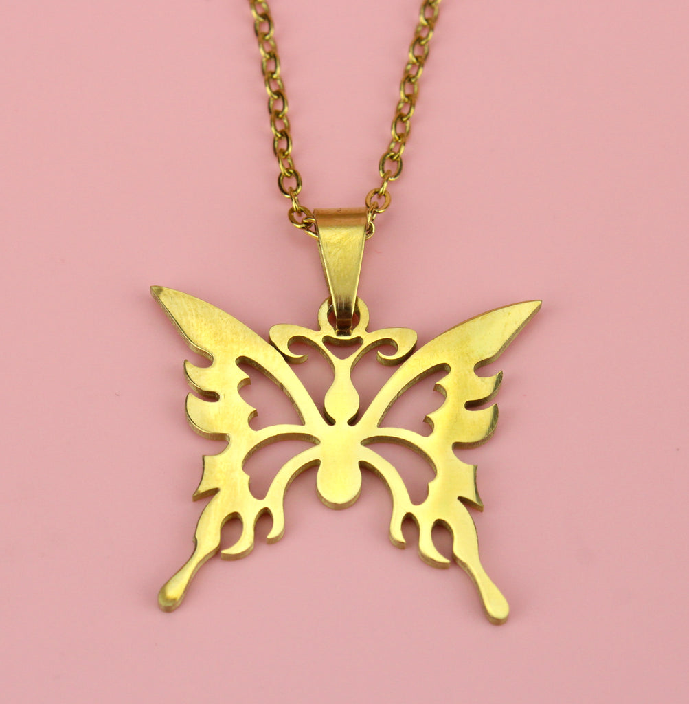 Gold plated Ethereal style butterfly pendant on a gold plated stainless steel chain