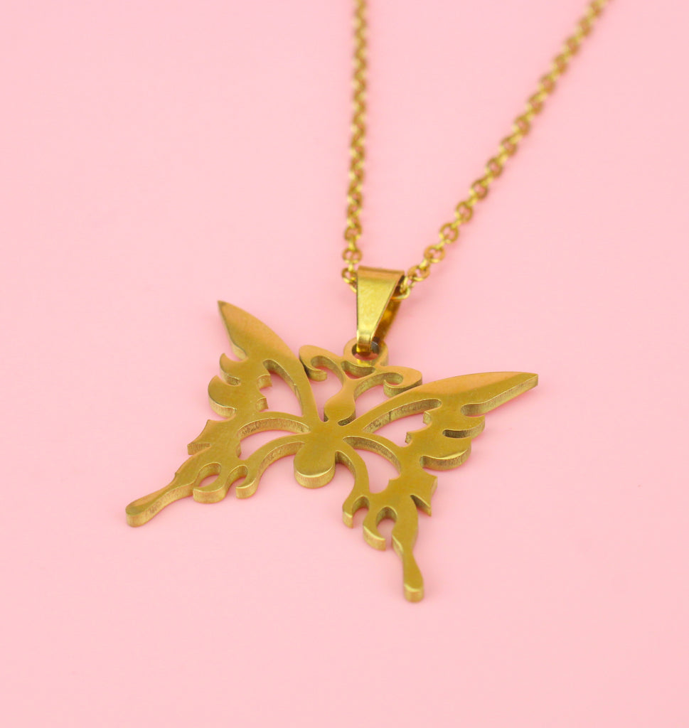 Gold plated Ethereal style butterfly pendant on a gold plated stainless steel chain