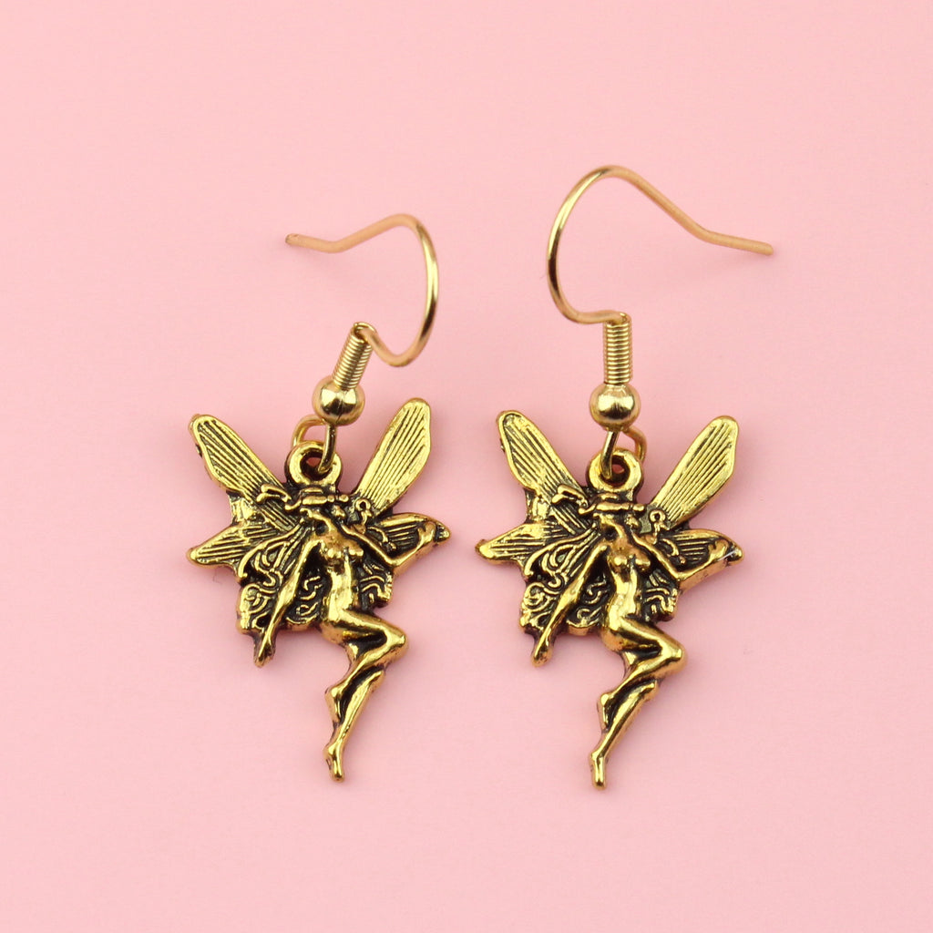 Naked gold fairy charms on gold plated stainless steel earwires