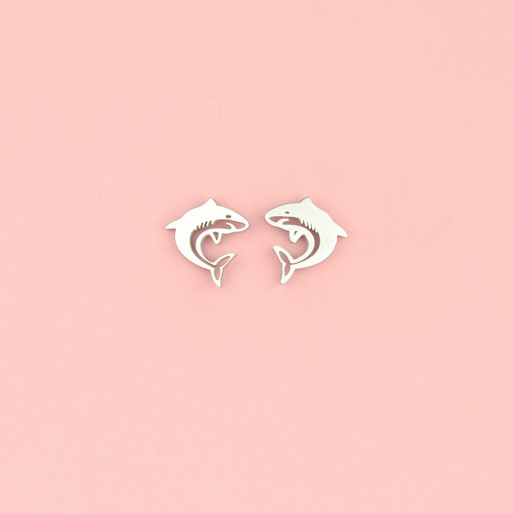 Stainless steel cut out shark stud earrings