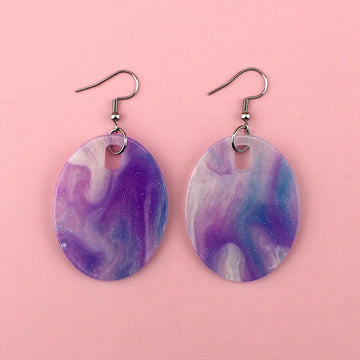 Oval shaped purple sparkling glittery marble resin charms on stainless steel earwires