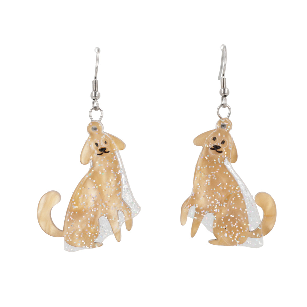 Dog charms with an extra layer of holographic glitter to replicate a ghost n stainless steel earwires