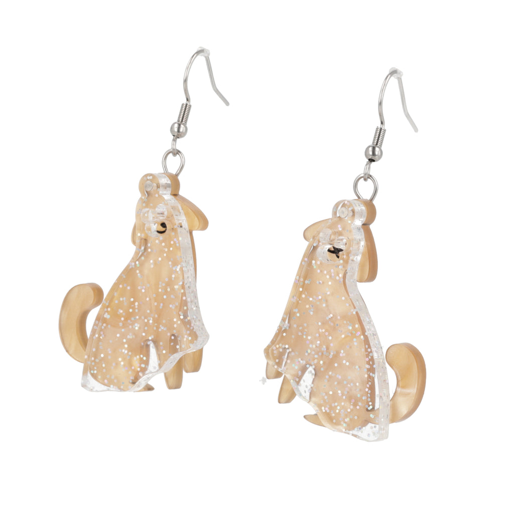 Dog charms with an extra layer of holographic glitter to replicate a ghost n stainless steel earwires