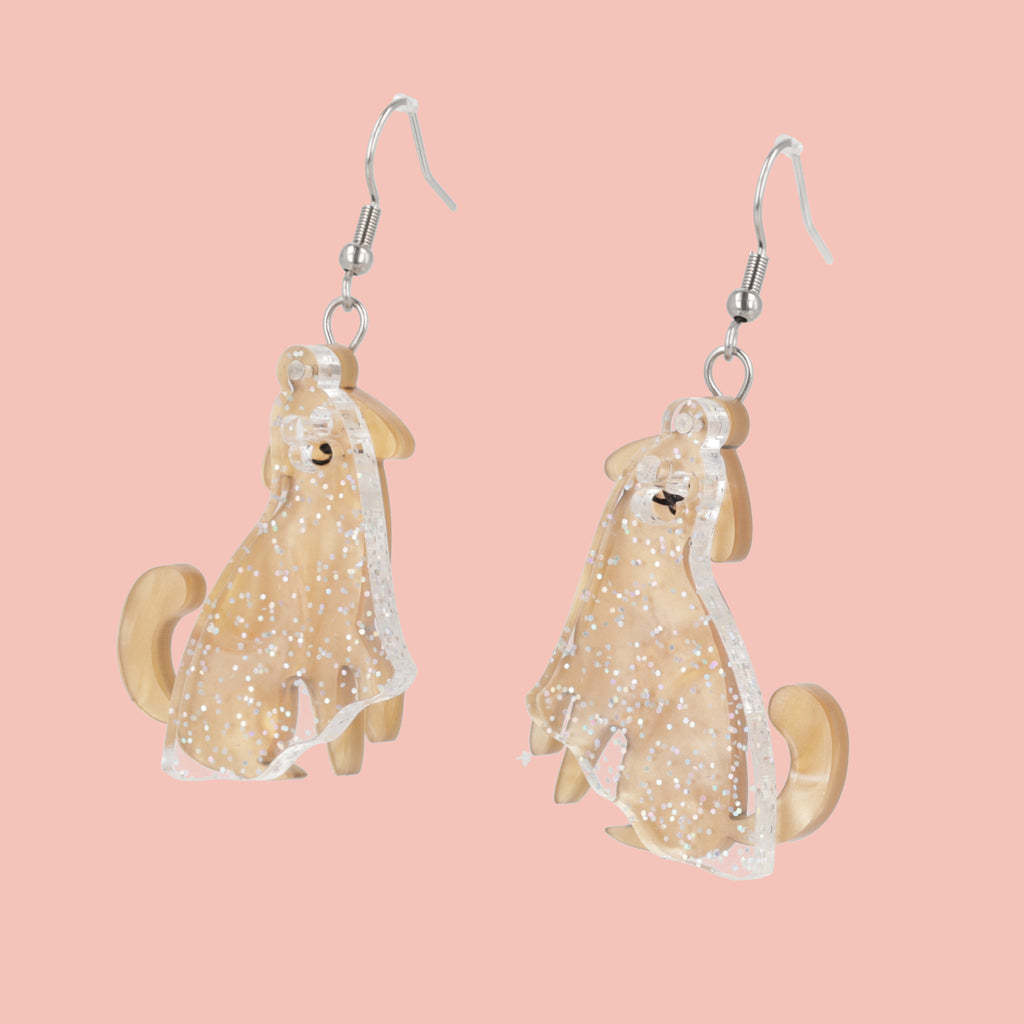 Dog charms with an extra layer of holographic glitter to replicate a ghost n stainless steel earwires