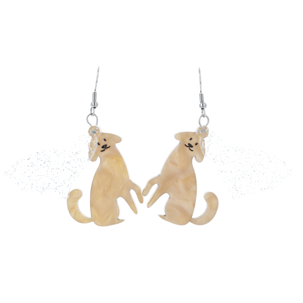 Dog charms with an extra layer of holographic glitter to replicate a ghost n stainless steel earwires