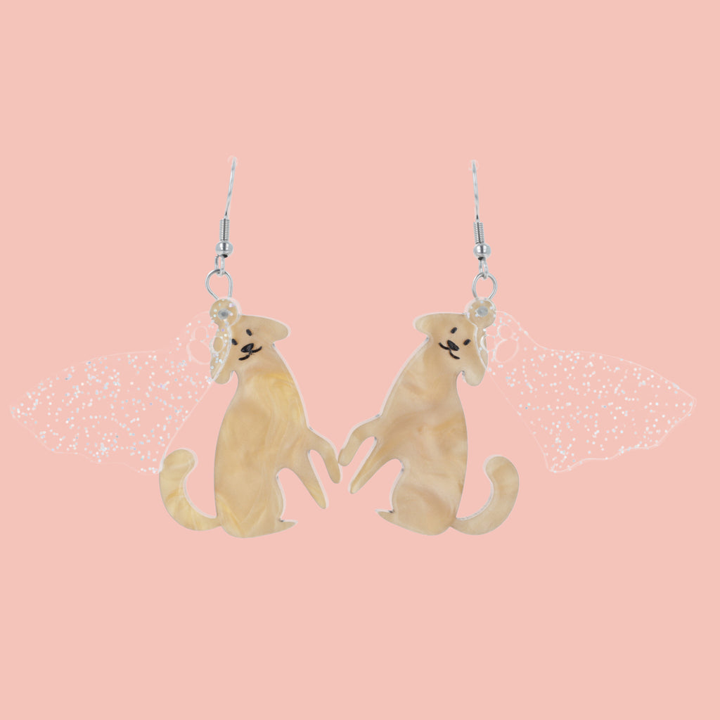 Dog charms with an extra layer of holographic glitter to replicate a ghost n stainless steel earwires