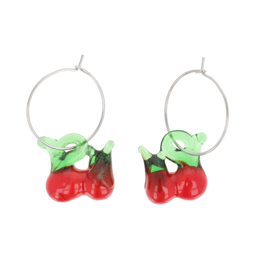 Glass Cherry Hoop Earrings - Sour Cherry