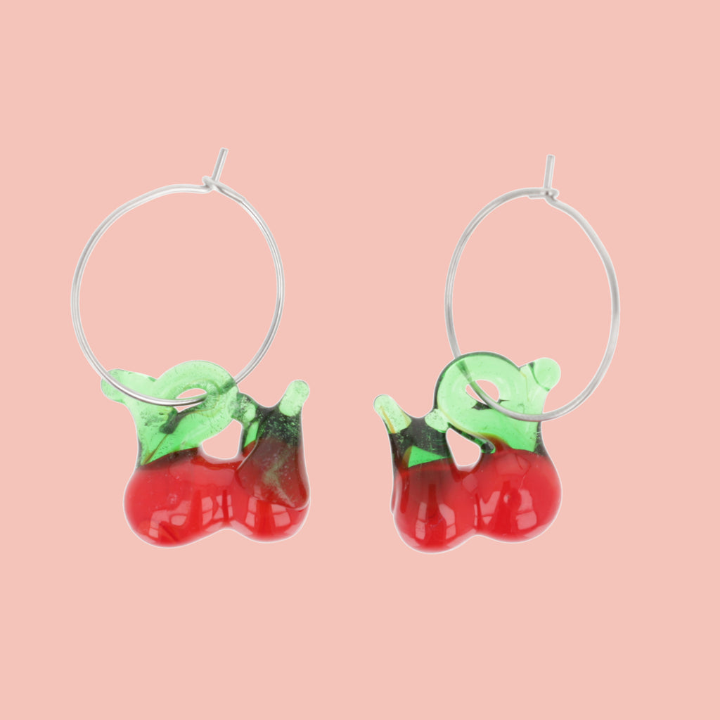 Glass Cherry Hoop Earrings - Sour Cherry