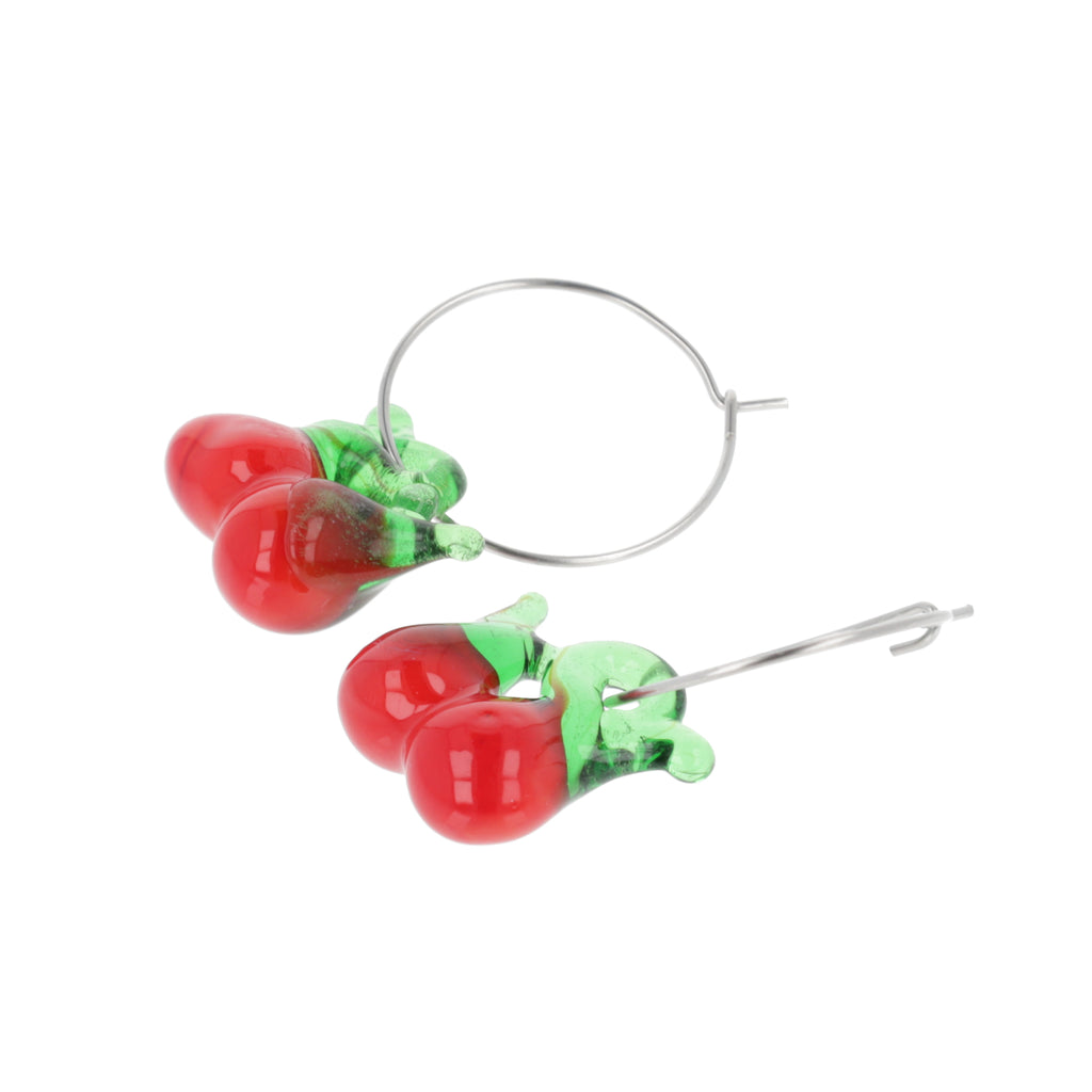 Glass Cherry Hoop Earrings - Sour Cherry