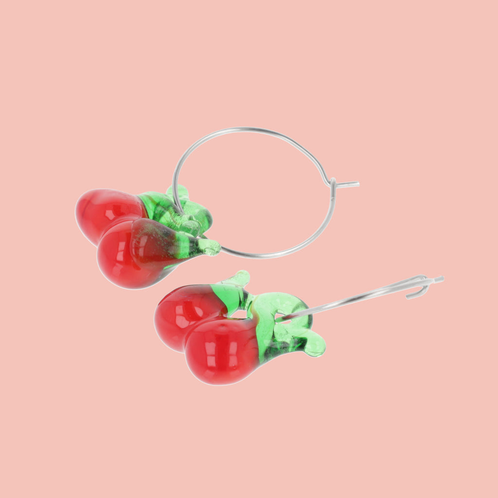 Glass Cherry Hoop Earrings - Sour Cherry