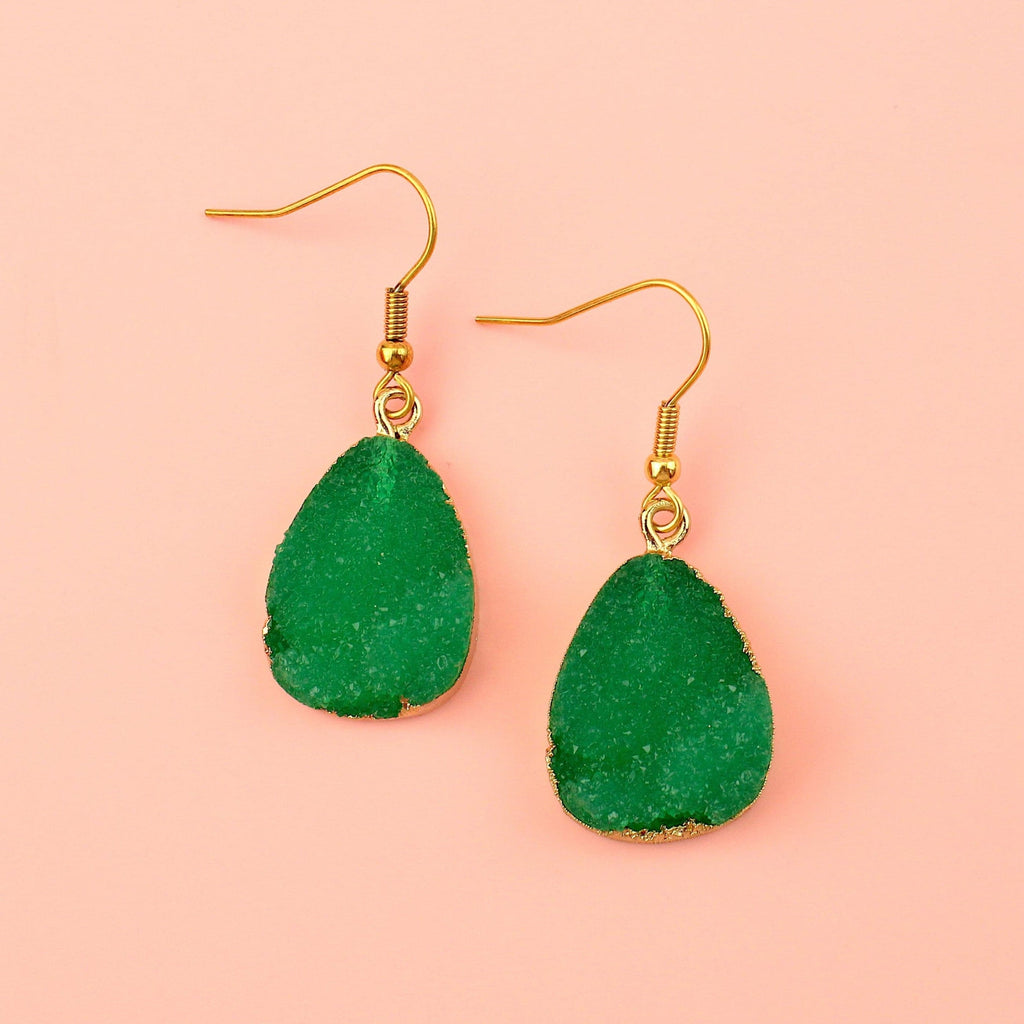 Green Pear Drop Earrings with a faux druzy quartz on gold plated stainless steel earwires