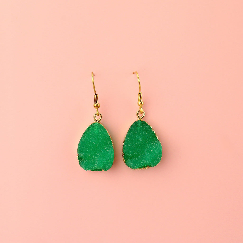 Green Pear Drop Earrings with a faux druzy quartz on gold plated stainless steel earwires