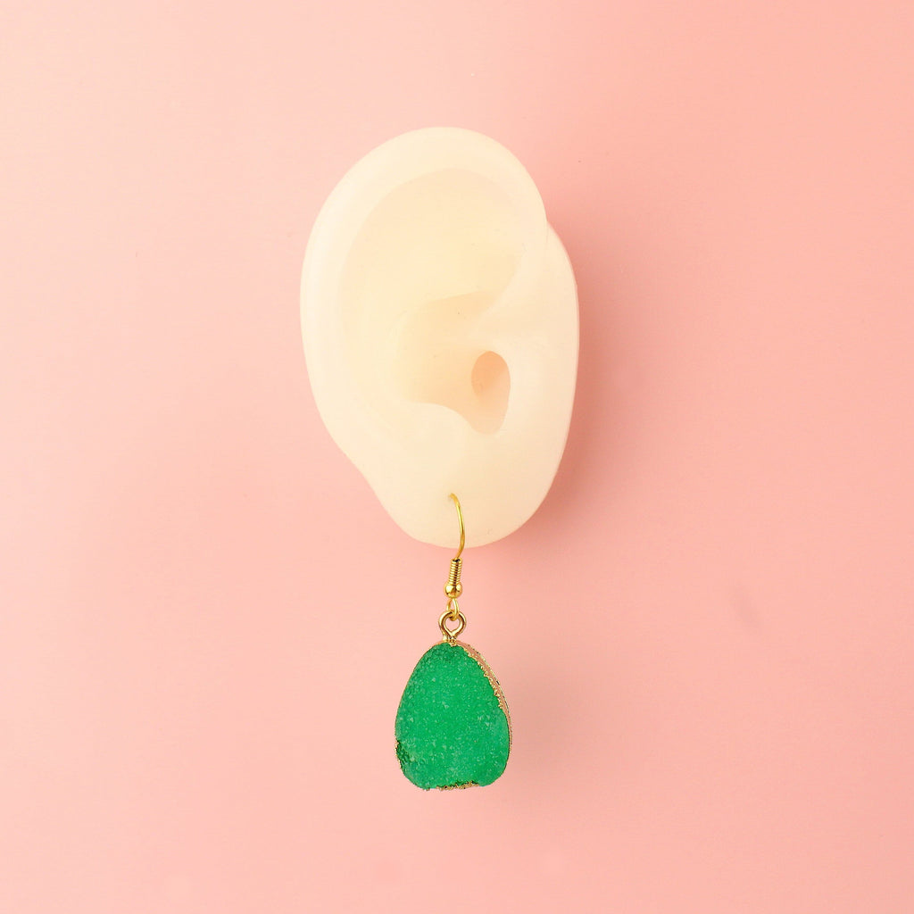 Ear wearing the Green Pear Drop Druzy Earrings