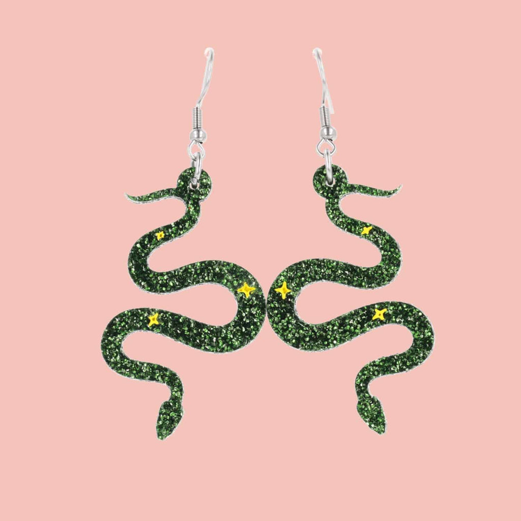 Green Glitter Medusa Snake Earrings - Sour Cherry