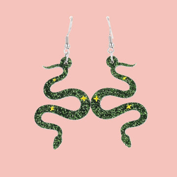 Green Glitter Medusa Snake Earrings - Sour Cherry