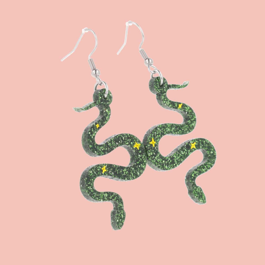 Green Glitter Medusa Snake Earrings - Sour Cherry